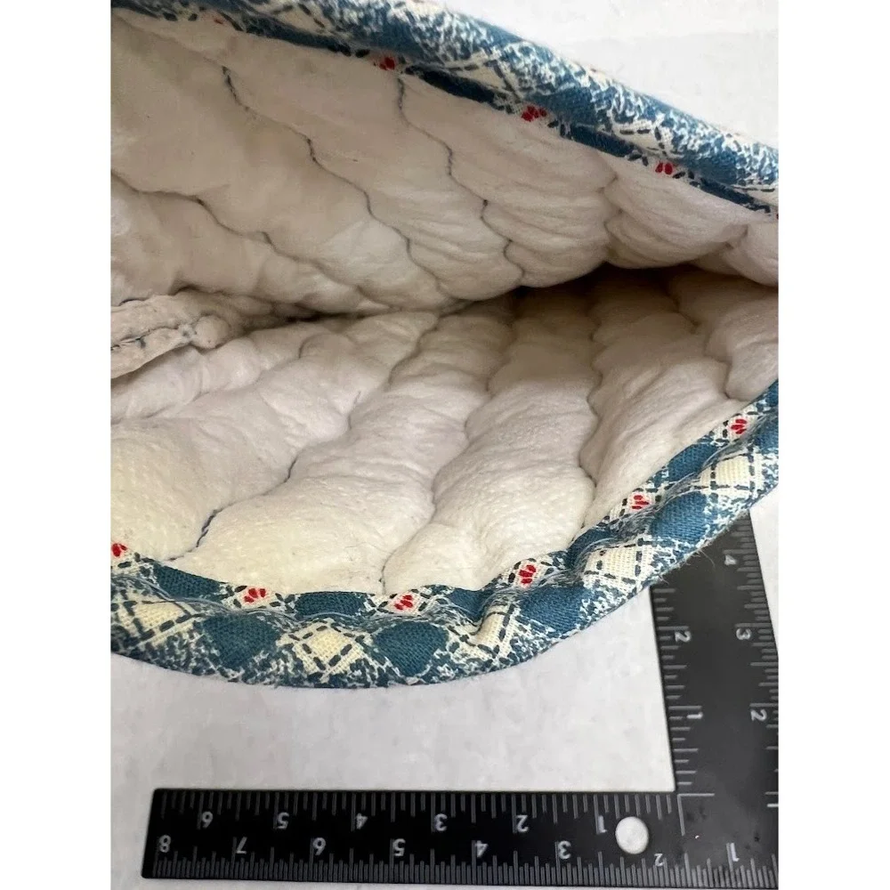 Vintage Quilted Oven Mitt Blue White Gingham Check Red Accent Kitchen Glove
